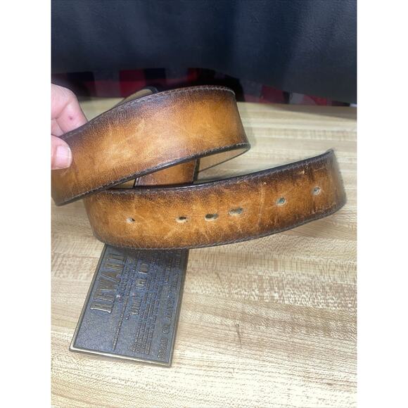 Brass Buckle Reward Billy The Kid Dead or Alive Leather Belt Hidden Zipper Sz 34 - Picture 3 of 5